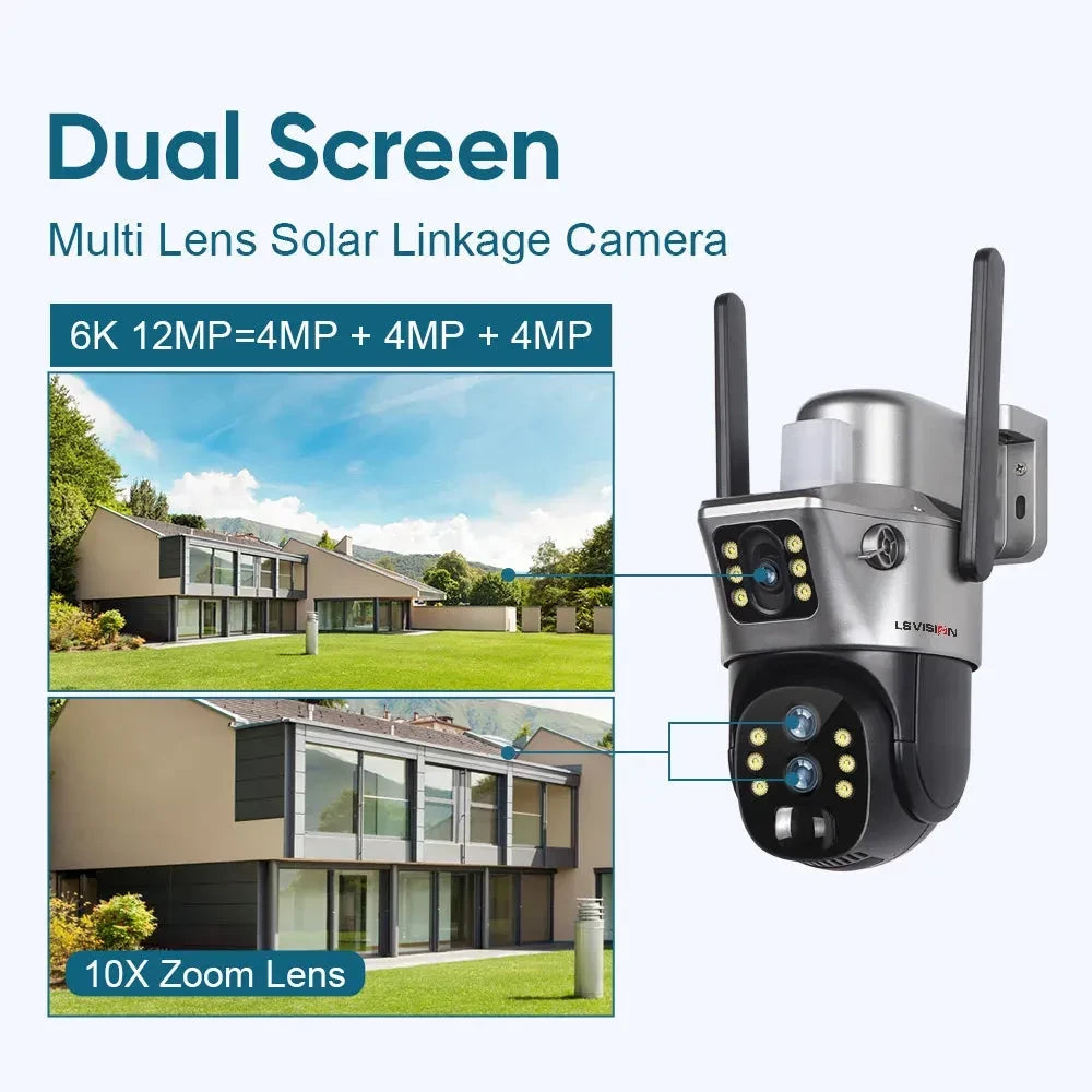 LS VISION 6K 10X Zoom 4G Sim Dual Screen Solar Powered Camera Outdoor Three Lens PTZ Auto Tracking Security Cameras V380 Pro APP