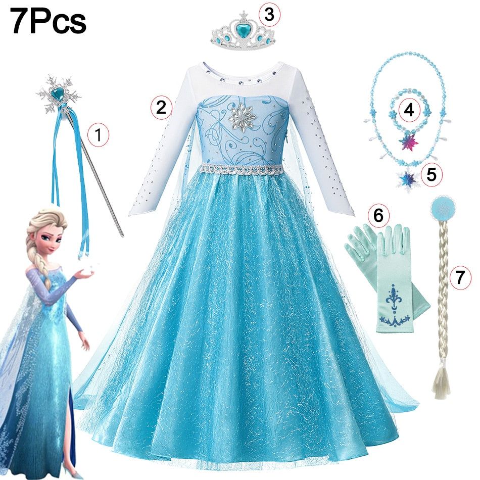 Disney Frozen Costume Princess Dress For Girls Cosplay Snow Queen Elsa Anna White Sequins Clothing Kids Carnival Party Dress