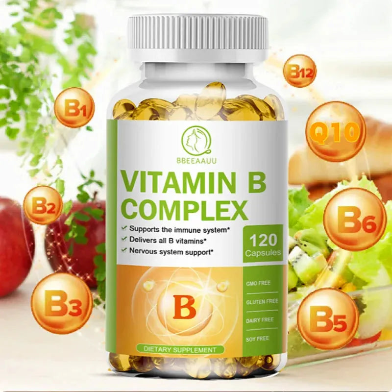 BBEEAAUU Super B Vitamin B Complex Capsules (Vitamin B1, B2, B3, B5, B6, B12, Folic Acid, Biotin, COQ10) Contain all B Vitamins