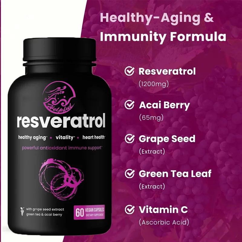 Resveratrol Supplement 60 Pure Plant Capsules with Trans Resveratrol, Green Tea, Raspberry and Grape Seed Extracts