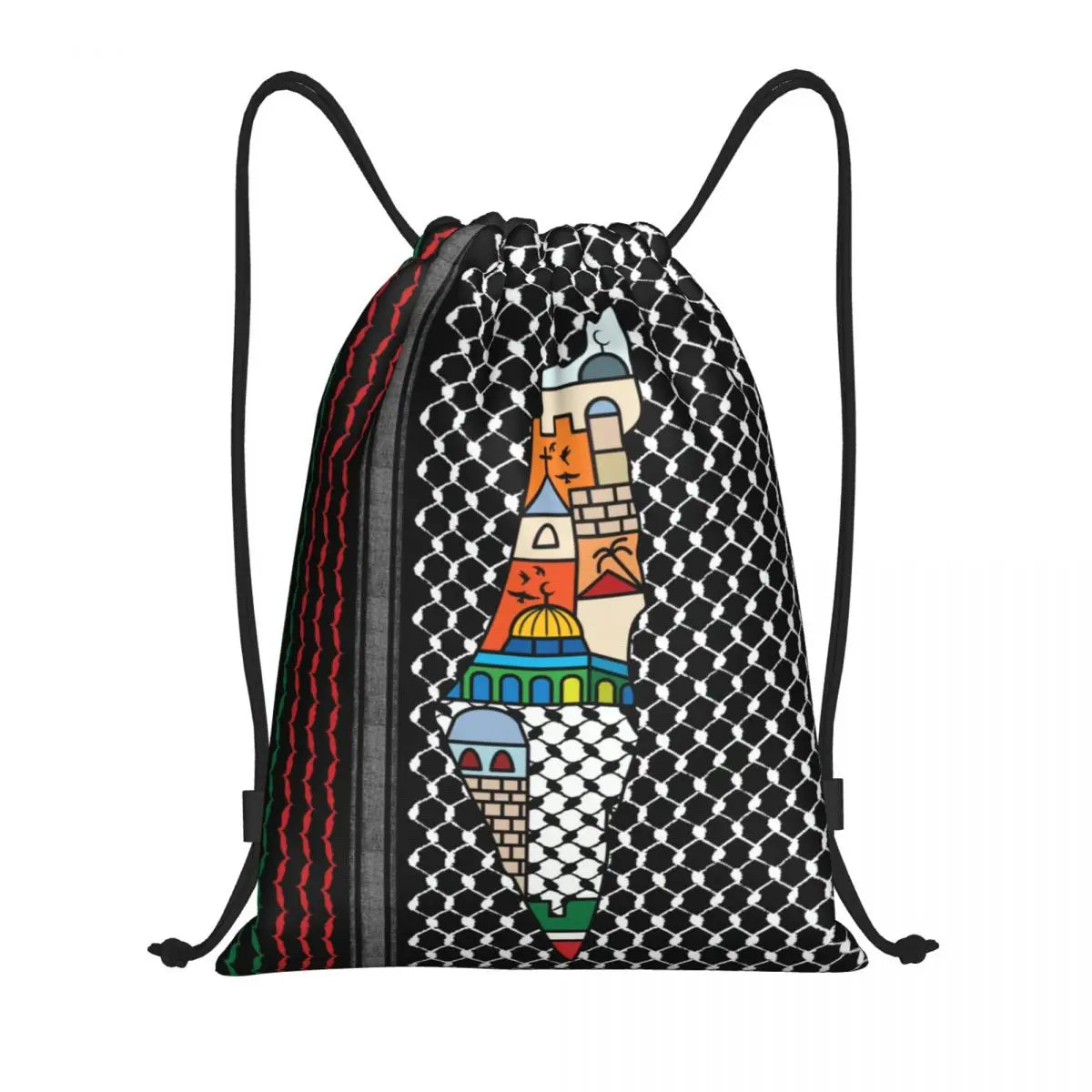 Custom Arabic Keffiyeh Traditional Pattern Drawstring Backpack Sports Gym Bag for Women Tatreez Embroidery Art Training Sackpack