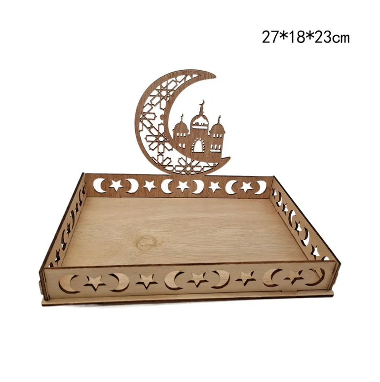 Wooden Eid Mubarak Moon Star Tray for Ramadan Kareem Food Holder Table Decoration Al Adha Islamic Muslim Party Supplies