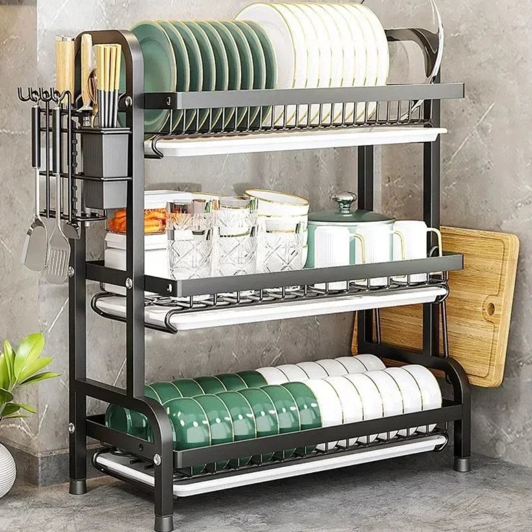 NEW Drying Rack 3-Tier Compact Kitchen Dish Rack Drainboard Set Large Rust-Proof Dish Drainer with Utensil Holder Kitchen Racks