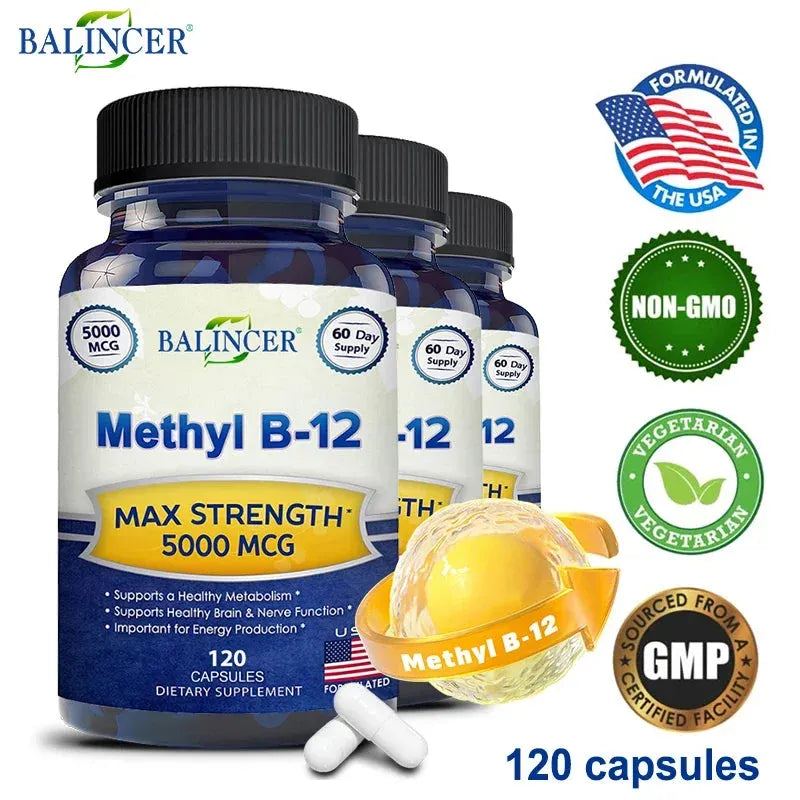 Vitamin B12 - 5000 MCG Supplement with Methylcobalamin (Methyl B-12) Boosts Natural Energy and Benefits Brain and Heart Function