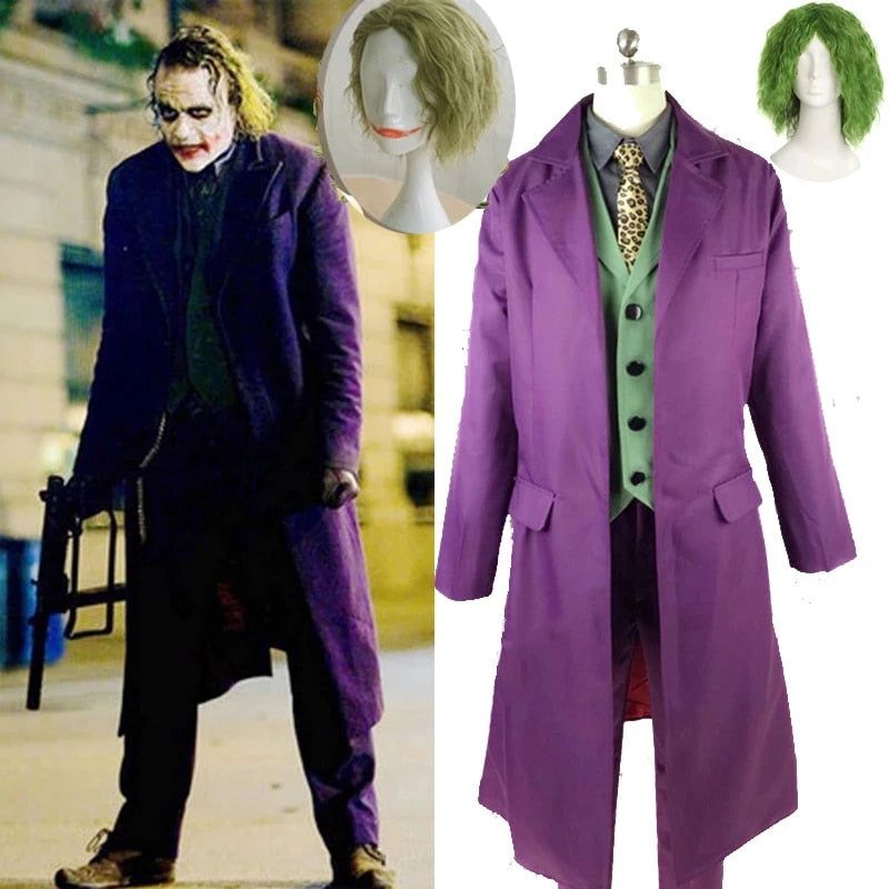 The Dark Knight Joker Cosplay Costume Movie Joker Heath Ledger Cosplay Suit Purple Jacket Uniform Blue Wig Mask For Adult