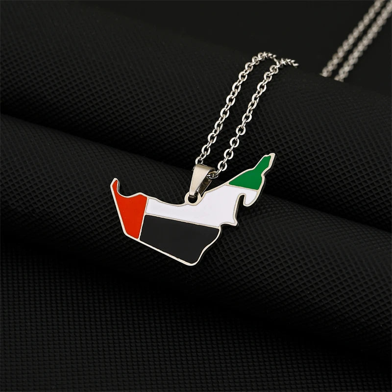 Fashion United Arab Emirates Map Flag Pendant Necklace For Women Men Charm Gold Silver Color Party Stainless Steel UAE Jewelry