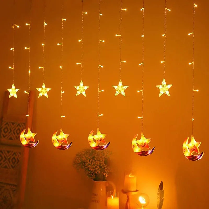 Eid al-Fitr Mubarak Star Moon Light String LED Night Lamp Window Fairy Light for Home Islamic Muslim Ramadan Indoor Decoration