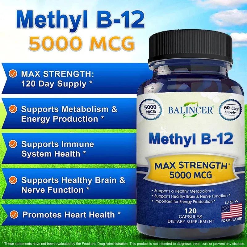 Vitamin B12 - 5000 MCG Supplement with Methylcobalamin (Methyl B-12) Boosts Natural Energy and Benefits Brain and Heart Function