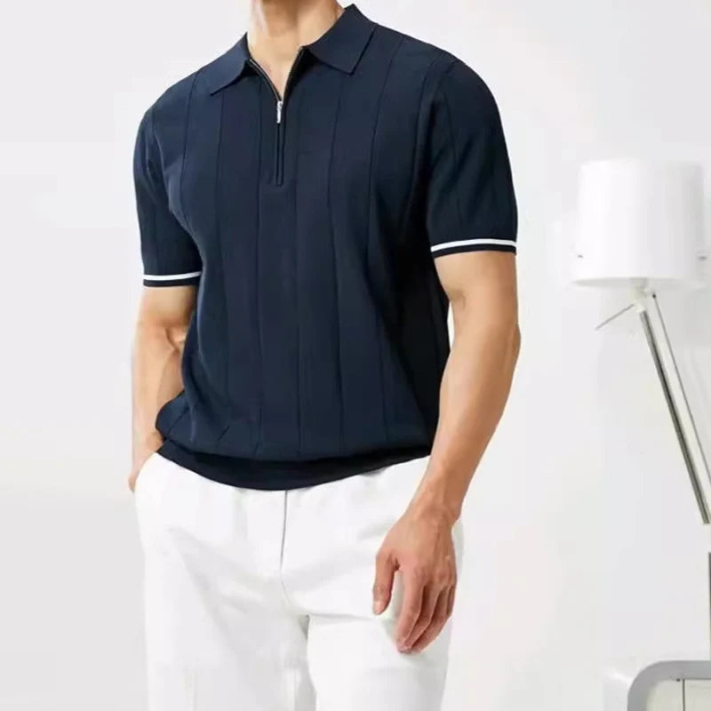 Fashion Zipper Lapel Knitting Polo Tops Summer Mens Casual Striped Short Sleeve Knit Polo Shirts Men Breathable Ice Silk Polos