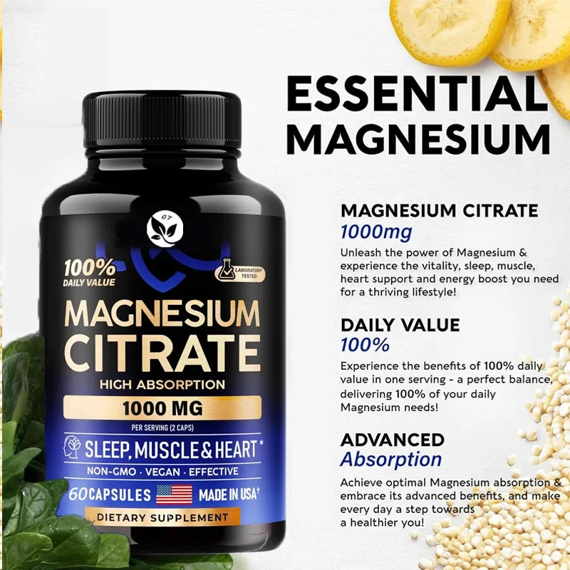 60 Capsules Of Magnesium Citrate 1000mg || 100% Dv || High Absorption Supplement - Sleep, Muscle, And Heart Support