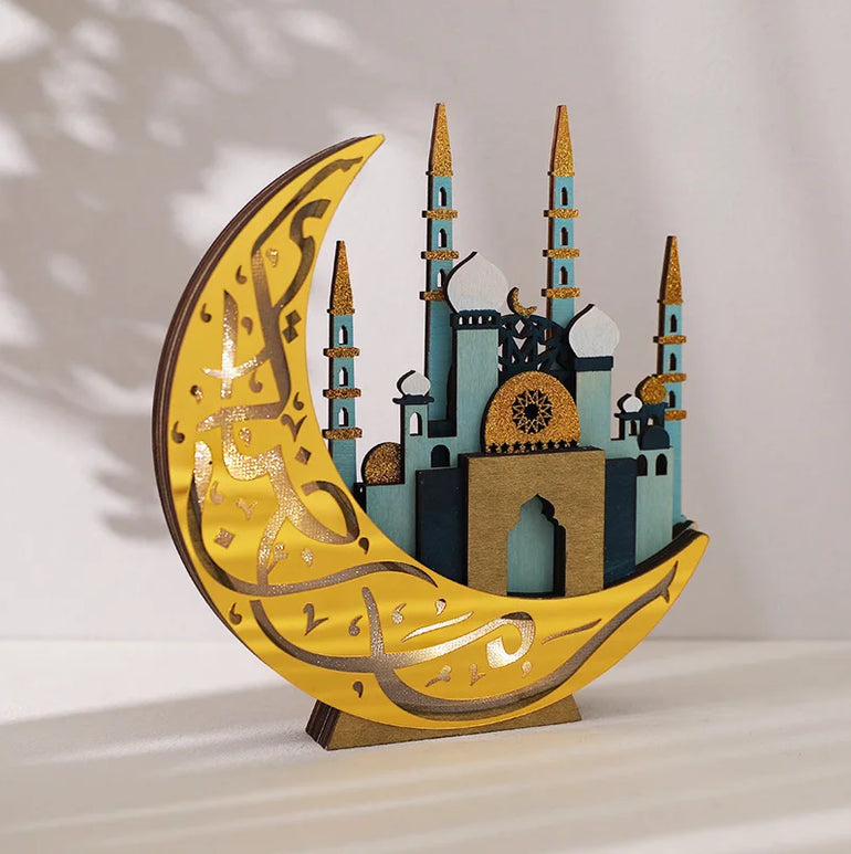 Ramadan Wooden Moon Mosque Night Light Table Ornament EID Mubarak Party Lights 2025 Islam Muslim Home Decoration Eid Al Adha