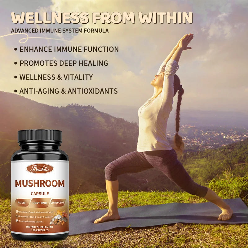 Original Mushroom Complex Capsules with Lions Mane Chaga Cognitive Brain Function Stress Relieves Beauty Health Diet Supplement