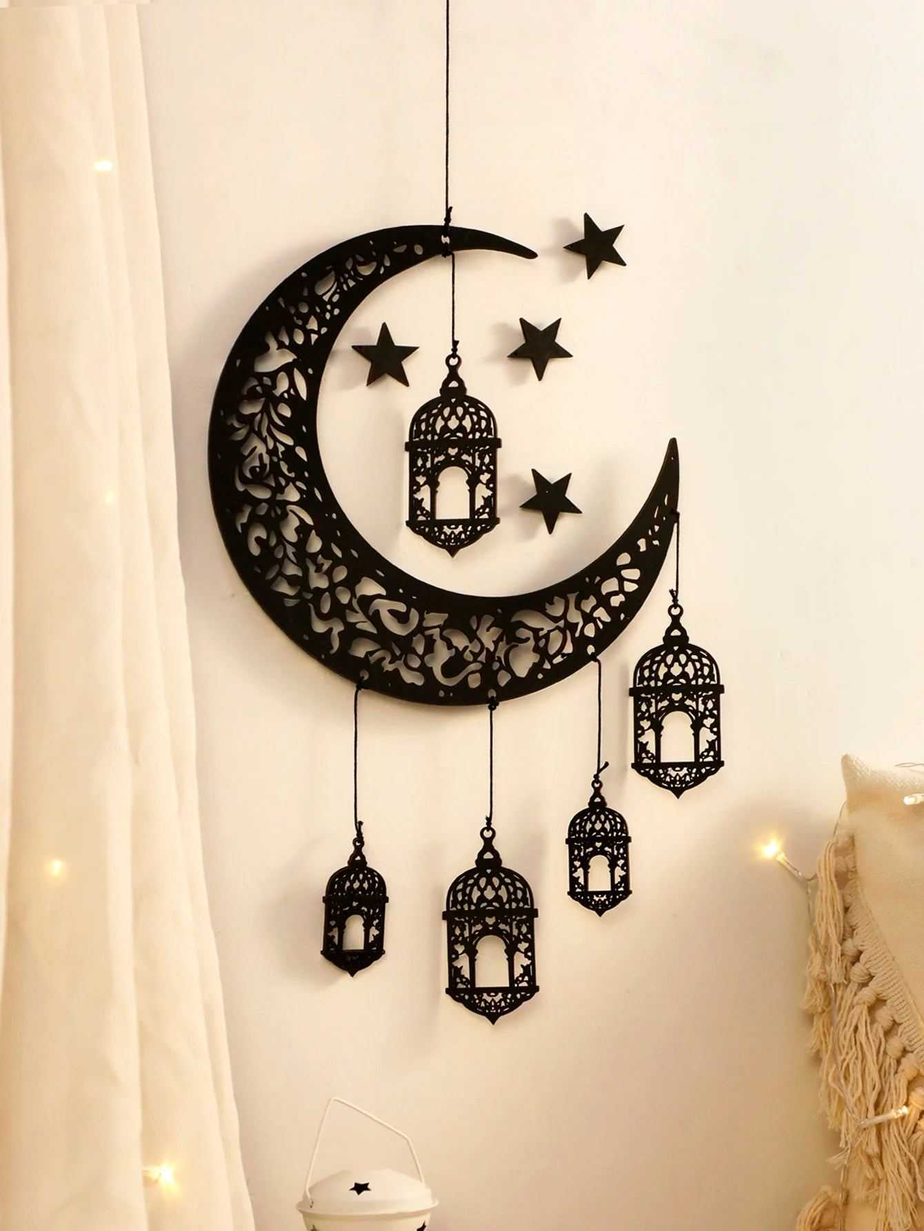 Wooden Hollow Moon and Star Lantern – DIY Ramadan Hanging Decor, Islamic Eid Mubarak Festival Decorations，Ornament Islamic Gifts