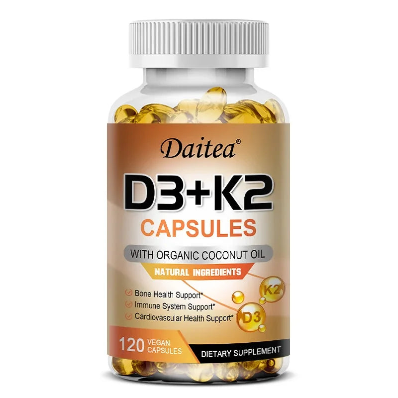 Vitamin D3+K2 - D3 (5000IU) K-2 (200MCG) Bone, Immune, Cardiovascular - Non-GMO, Vegan, Natural, Gluten-Free, Health Supplement