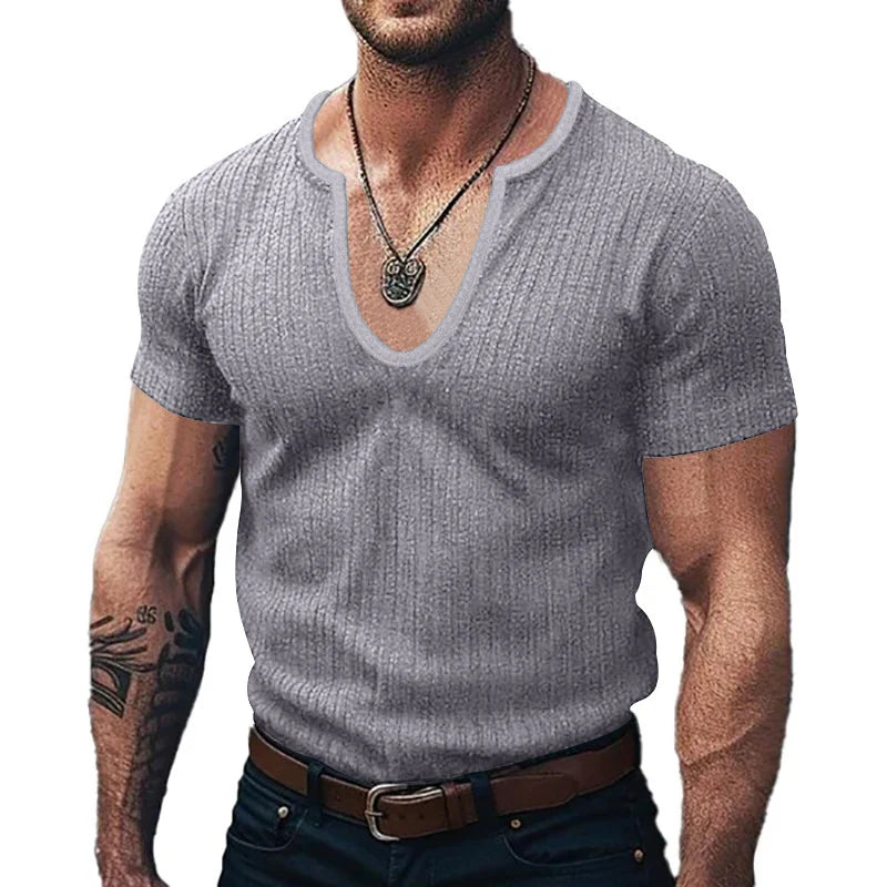 Fashion Solid Color Mens Knit T Shirt 2024 Summer New Casual Short Sleeve V Neck Jumper Tops Men Vintage Ribbed Knitted T-shirt