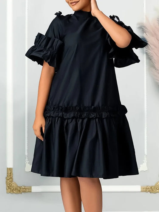 Yeezzi Black Dress For Women 2024 New Summer Half Sleeves Fashion Split-Joint Pleated Elegant Party Evening Midi Dresses