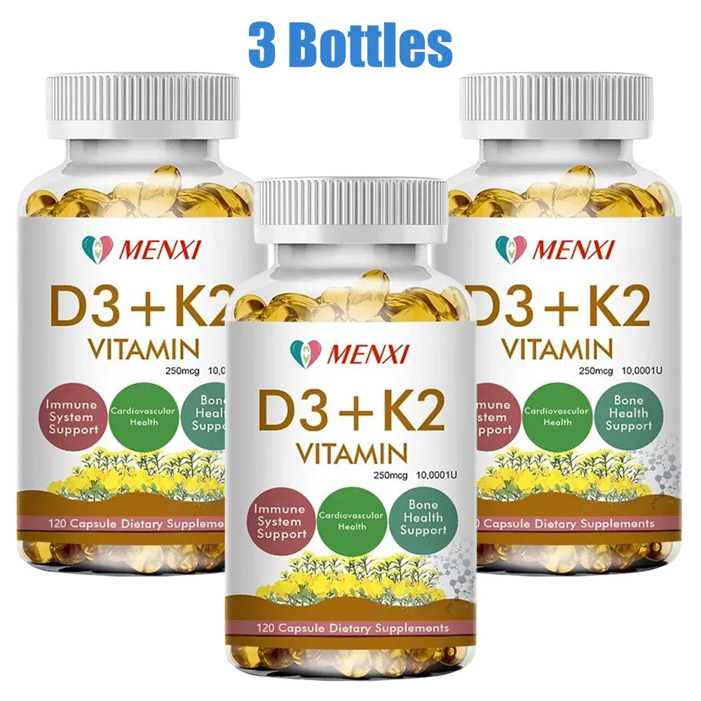 3 Bottles Vitamin D3 + K2 Capsules Supports Calcium For Stronger Bones Immune Health VC VK Complex Dietary Supplement For Adults