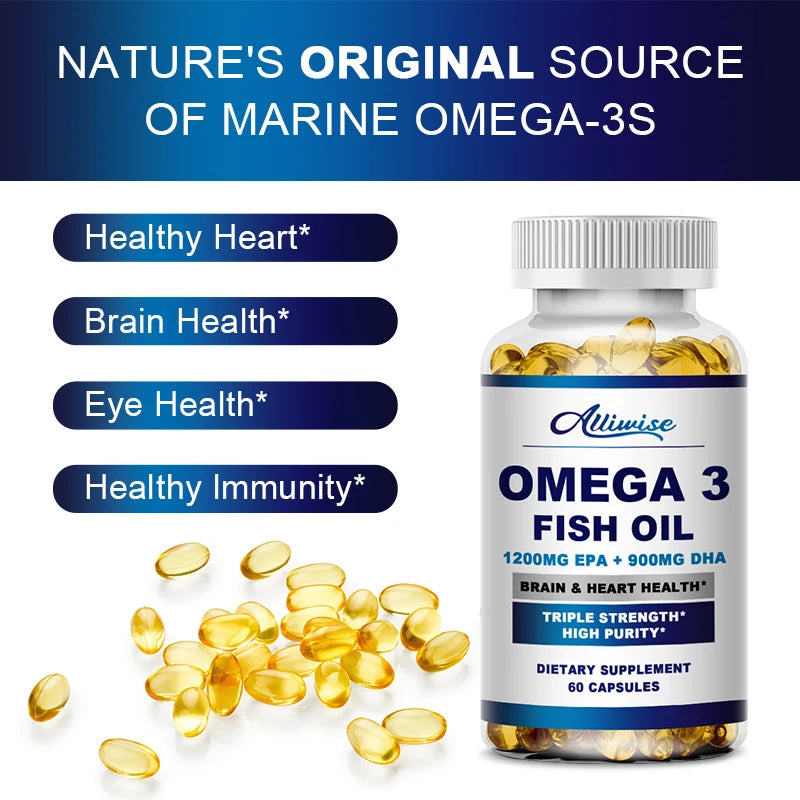 Alliwise Omega 3 Fish Oil Capsules Supplement Rich In DHA EPA For Anti-aging Skin Eyes Heart Brain Health Support Immune System