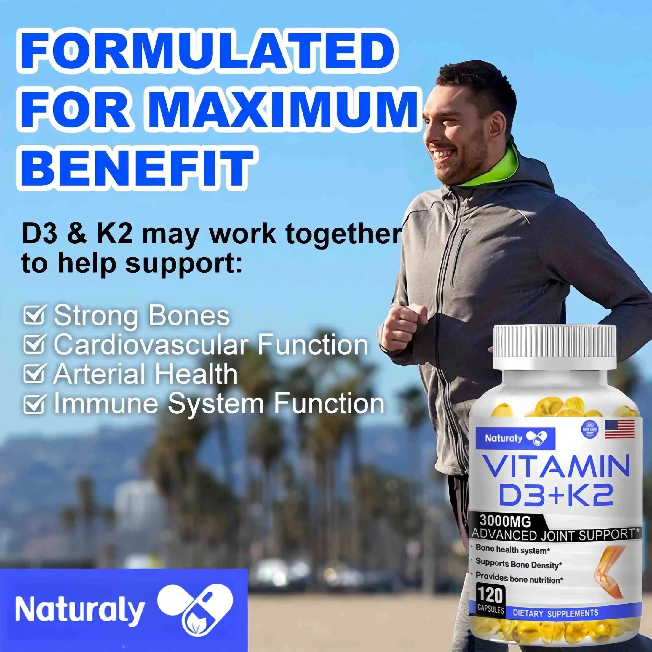 Vitamin D3+K2 Supplement to Support Joint, Bone and Immune Health Non-GMO formula easy-to-swallow vitamin D & K complex