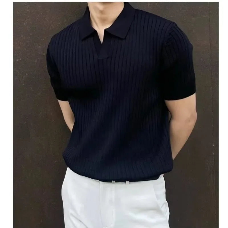 2024 Summer Men's Ice Silk Lapel Polo Short Sleeve Thin Fashionable V-neck Striped Knit Base Layer Top Men's Shirt