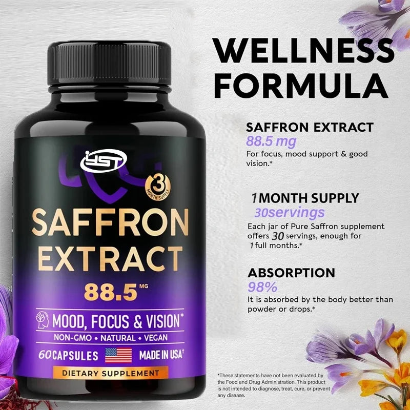 Natural Saffron Supplement Mood | Focus | Vision | Energy Support - Male and Female Eye Health - Non GMO -60 capsules,