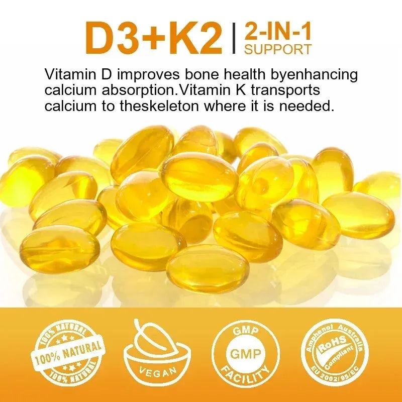 Vitamin D3 5000IU and 200 Mcg Vitamin K2 (MK-7) Capsules for Calcium Absorption, Bone Regeneration, Immune Support, Easy To Melt