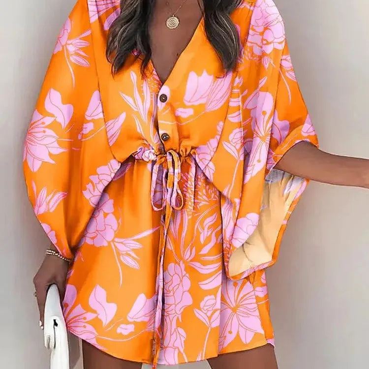 Summer Casual Dress Women Fashion Flying Sleeve V-neck Print Beach Party Dresses Elegant Lace Up Mini Dress Robe Femme 2023 New