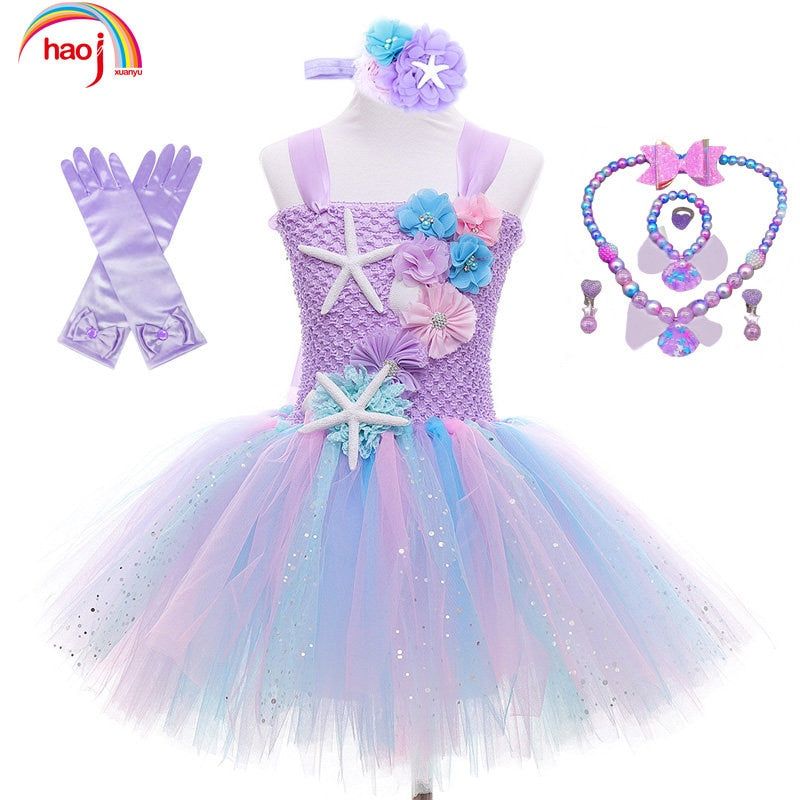 Girls Pastel Ariel Mermaid Tutu Dress Under the Sea Theme Birthday Party Costume with Flower Headband Ocean Flower Dresses 1-12Y