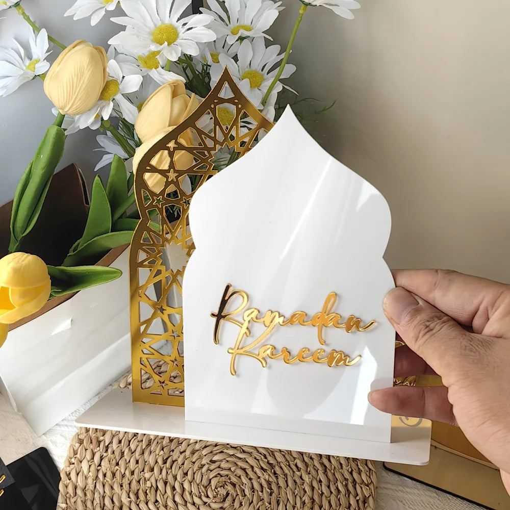 1pc Elegant Acrylic Ramadan Kareem Tabletop Decor, 3D Mosque Design, Reflection Surface, Muslim Holiday Home Decoration