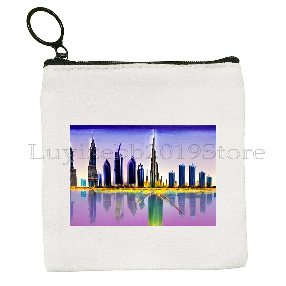 Dubai United Arab Emirates UAE Map Flag Asia Skyline Skyscraper Burj Khalifa Canvas Coin Purse Key Case Bag Wallet Zipper Pouch