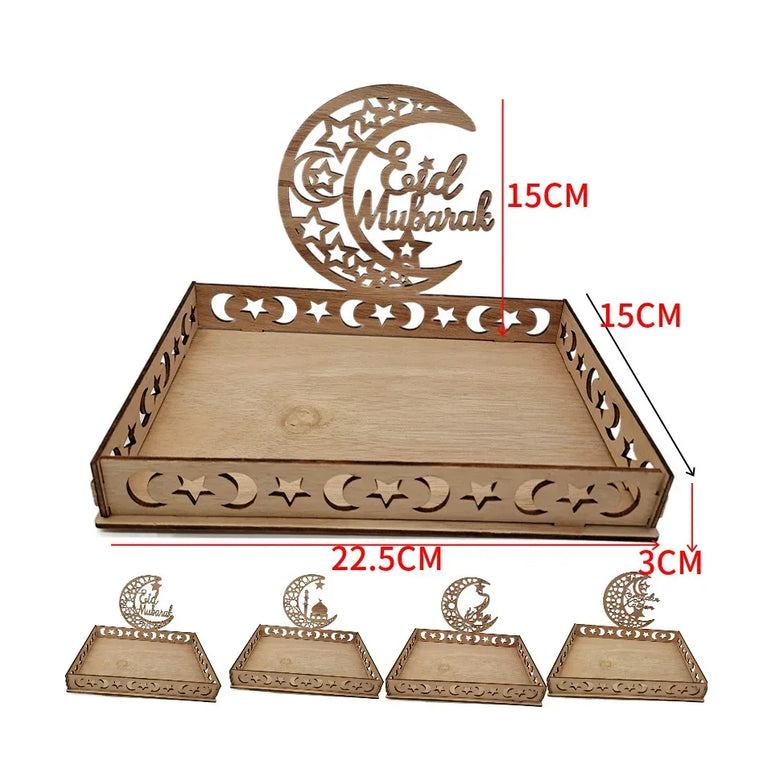 Wooden Eid Mubarak Moon Star Tray for Ramadan Kareem Food Holder Table Decoration Al Adha Islamic Muslim Party Supplies