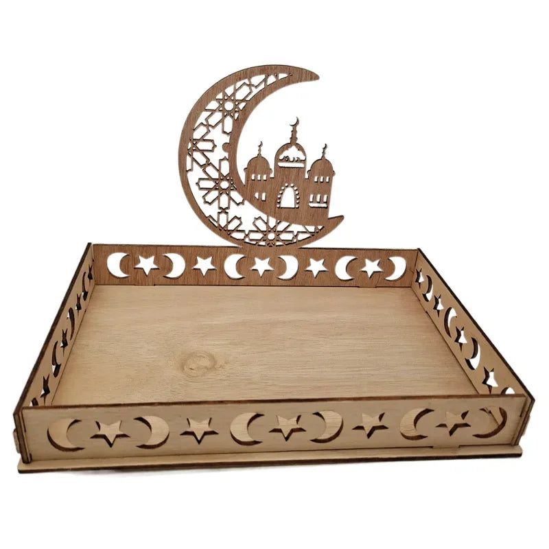 Wooden Eid Mubarak Moon Star Tray for Ramadan Kareem Food Holder Table Decoration Al Adha Islamic Muslim Party Supplies