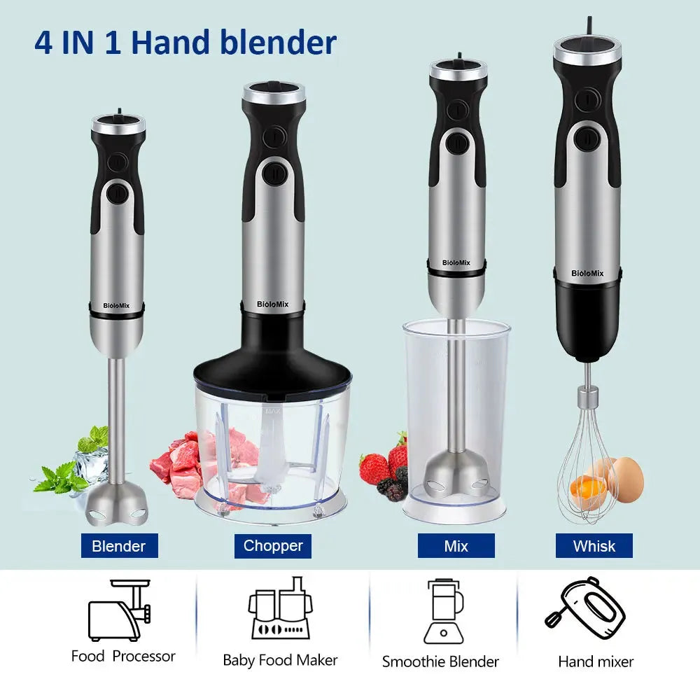 BioloMix 1200W 5-in-1 Immersion Hand Stick Blender Mixer Vegetable Meat Grinder 800ml Chopper Whisk 600ml Smoothie Cup