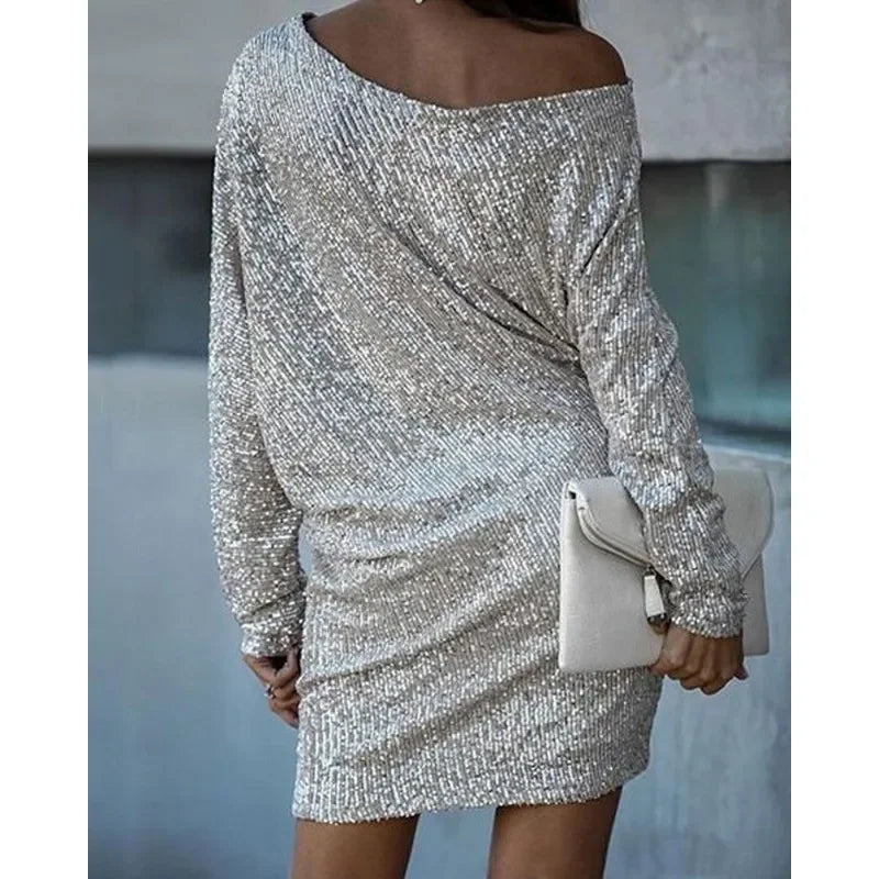 Sexy Slim-Fit Sequined Mini Dress 2023 Autumn and Winter New Dress Women Long Sleeve Off Shoulder Slash Neck Party Formal Dress