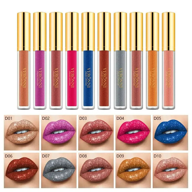 10Colors VERONNI Sexy Glitter Diamond Lip Gloss Shimmer Long Lasting Lip Makeup Waterproof Metallic Pearl Color Velvet Lip Gloss