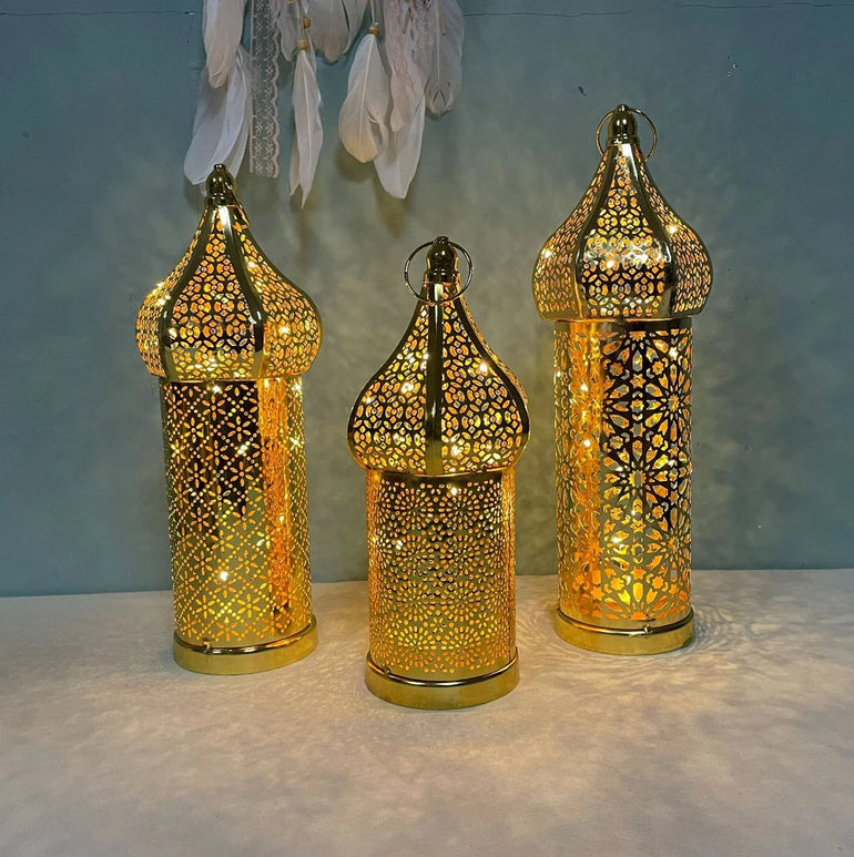 1PC Moroccan Golden Hollow Iron Lantern Ramadan Home Decoration Light Ornaments Gold Lanterns Moroccan Home Crafts Decoration