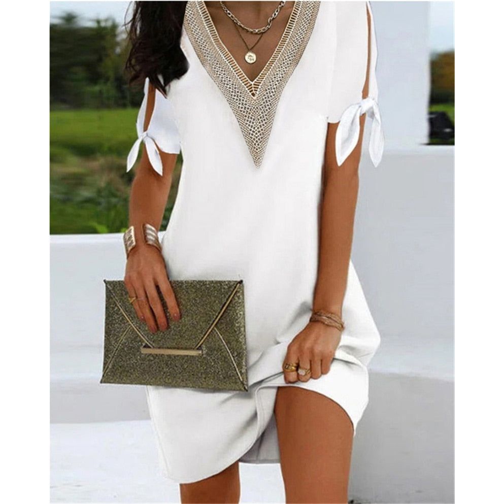 Dresses Elegant Lace Decoration V Neck Pullover for Women Summer Bow Tie Lace-up Split Short Sleeve Vintage dresses - Jointcorp