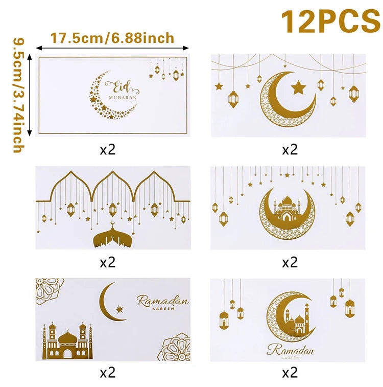 12Pcs Eid Mubarak Money Envelopes Gift Card Holder Ramadan Mubarak Decor 2025 Islamic Muslim Eid Al-fitr Invitation Supplies