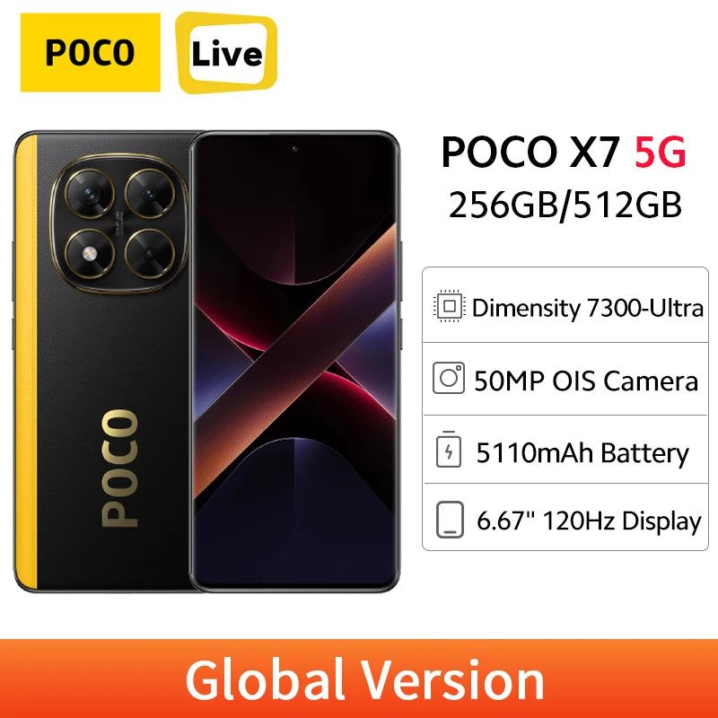 Global Version POCO X7 5G Smartphone MTK Dimensity 7300-Ultra 6.67" 120Hz AMOLED Display 50MP OIS Camera 45W Turbo Charging NFC