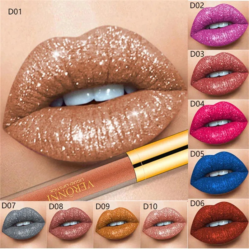 10Colors VERONNI Sexy Glitter Diamond Lip Gloss Shimmer Long Lasting Lip Makeup Waterproof Metallic Pearl Color Velvet Lip Gloss