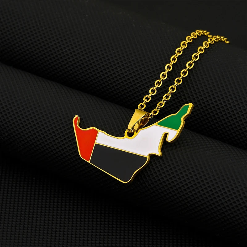 Fashion United Arab Emirates Map Flag Pendant Necklace For Women Men Charm Gold Silver Color Party Stainless Steel UAE Jewelry