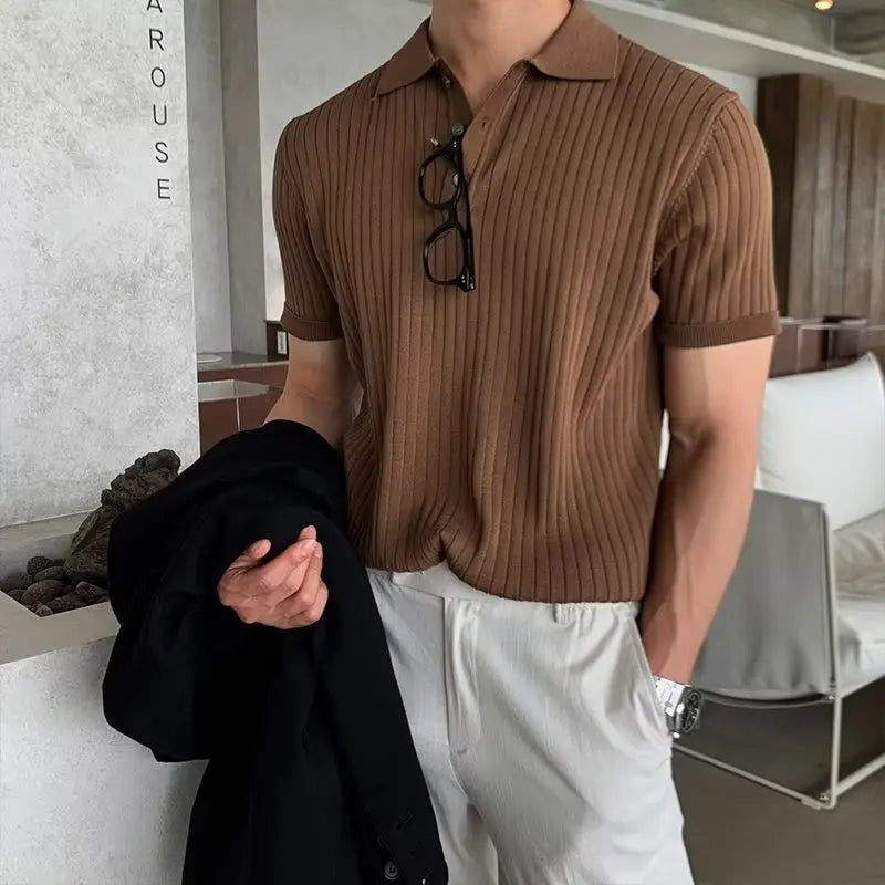 Summer Men's Clothing Retro Knit Lapel Striped Polo Shirt Solid Color Short Sleeve Fashion  Simple Casual Male Tops Size M-2XL