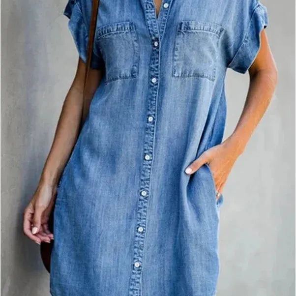 Summer New Single Breasted Denim Shirt Dress Women's Casual Loose Pocket Simple Retro Commuter Female Office Denim Short Skirt