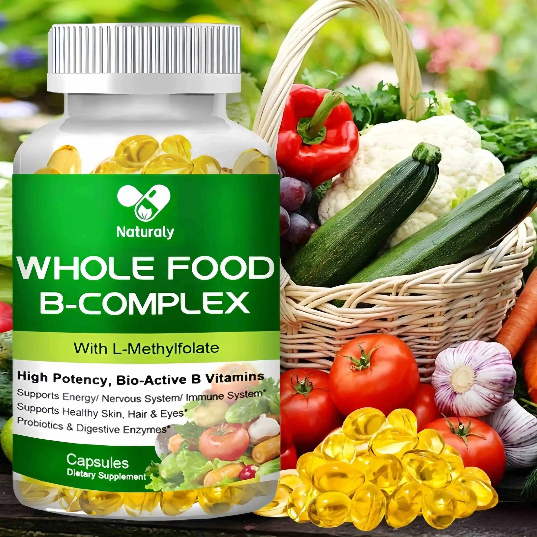 Vitamin B Complex Capsules B1, B2, B3, B5, B6, B7, B9, B12 Whole Food Supplement for Stress, Energy and Immune Support Non-GMO