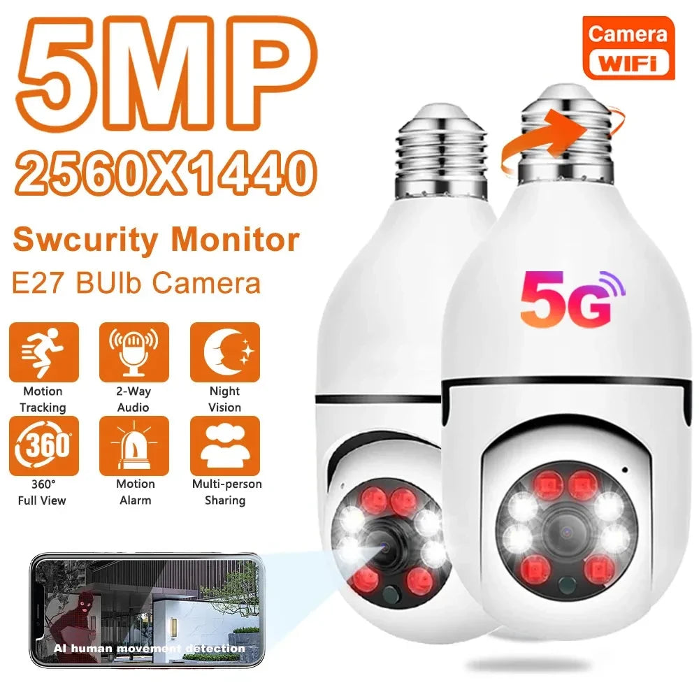 5G Wifi 5MP E27 Bulb Surveillance Camera Indoor 4X Digital Zoom AI Human Detect Full Color Night Vision Wireless Cam Smart Home