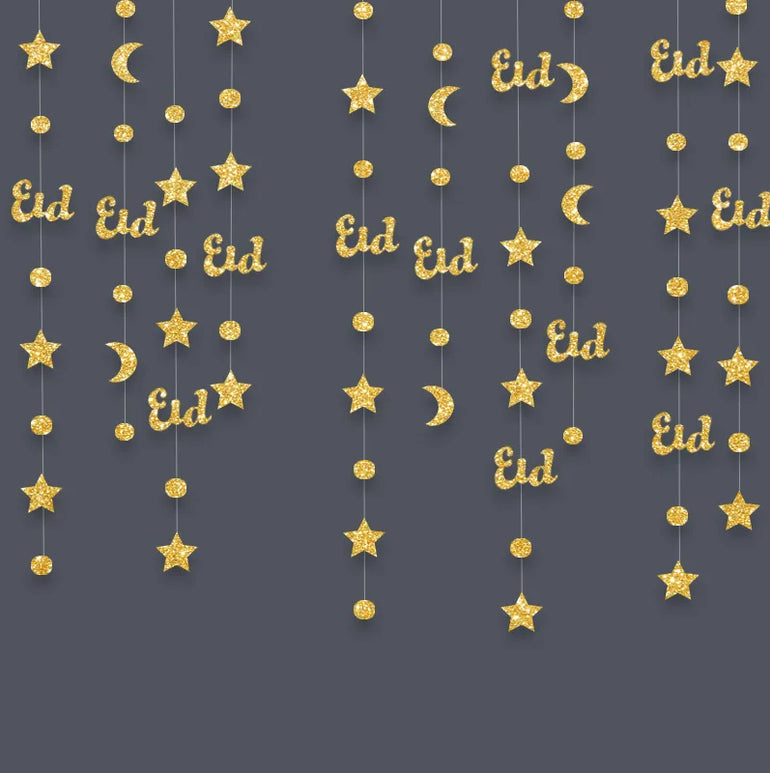 Glitter Paper Gold Star Moon Garlands Streamer Eid Mubarak Hanging Ornaments Ramadan Kareem Decor Banner Muslim Party Supplies