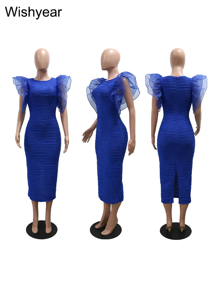 New Women O Neck Ruffle Sleeves Package Hips Bodycon Dress Fashion Office Lady Slim Pencil Evening Birthday Party Vestidos Gowns