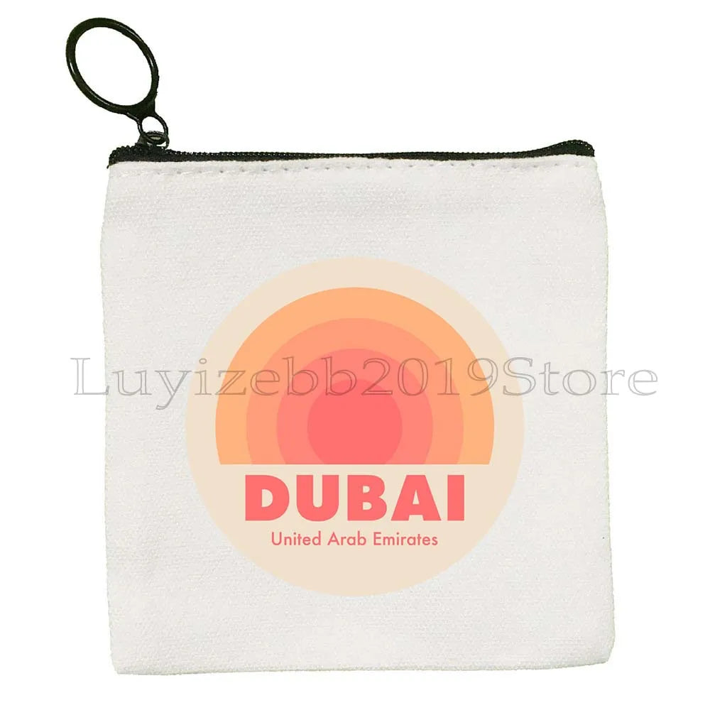 Dubai United Arab Emirates UAE Map Flag Asia Skyline Skyscraper Burj Khalifa Canvas Coin Purse Key Case Bag Wallet Zipper Pouch