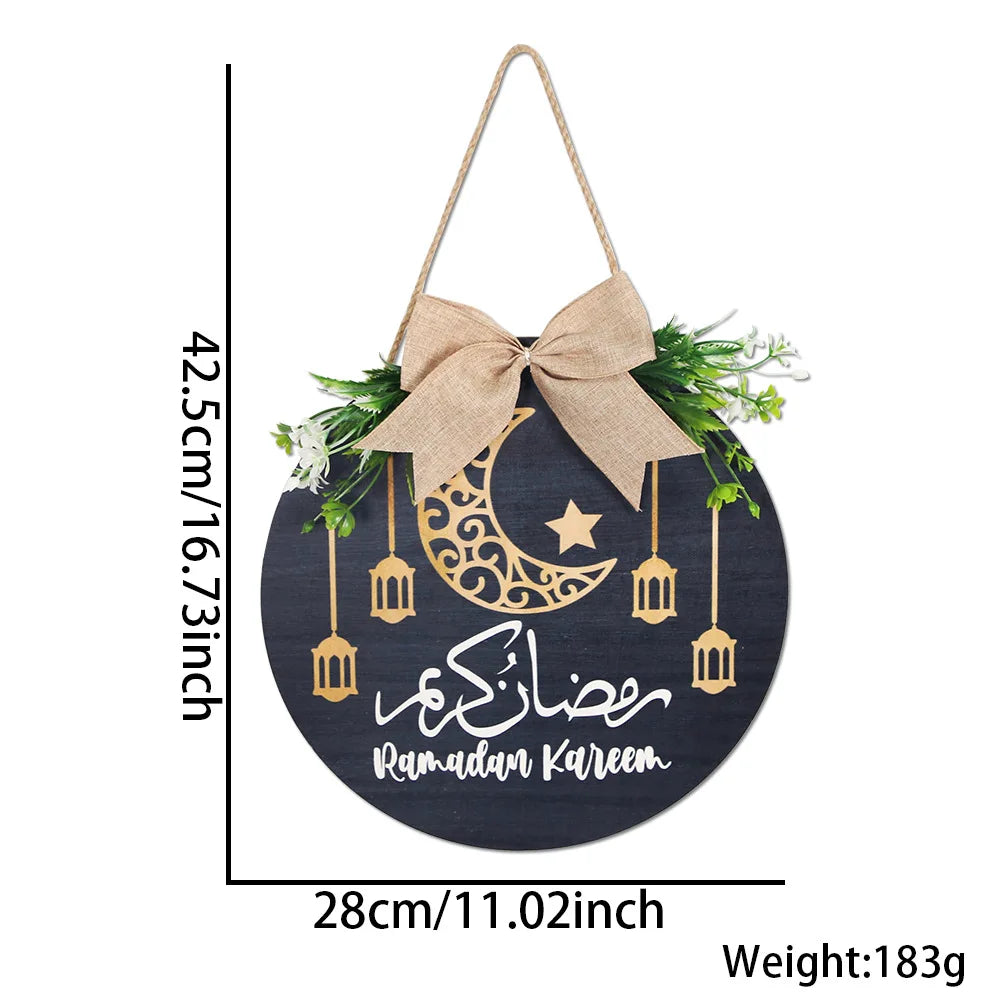 Ramadan Mubarak Door Wreath Round Wooden Hanging Sign Decor for Ramadan Kareem Decor Eid Mubarak Islamic Party Supplies