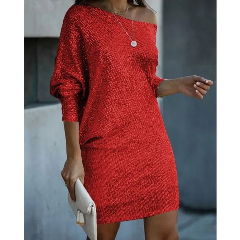 Sexy Slim-Fit Sequined Mini Dress 2023 Autumn and Winter New Dress Women Long Sleeve Off Shoulder Slash Neck Party Formal Dress